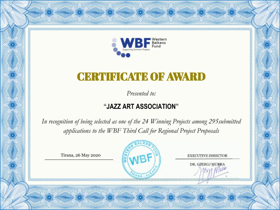 WBF Certificate to JAZZ Art Association